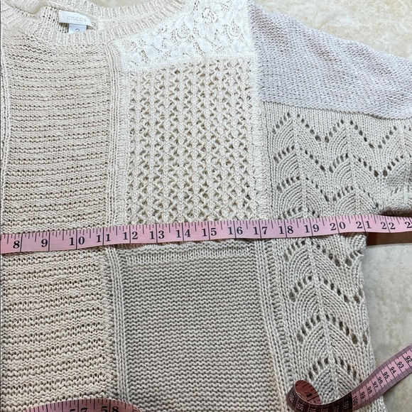 Chico’s Shabby Chic Priscilla Patchwork Sweater Neutral Beige Knit Top Sz 3 Lace - Picture 4 of 10